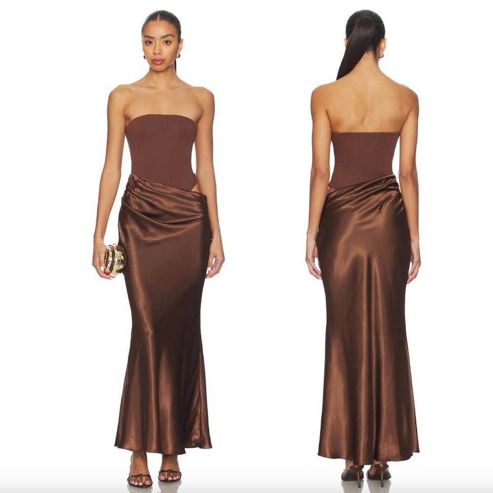 ALL THE WAYS Carrie Maxi Dress in Brown Formal Strapless Gown XXS